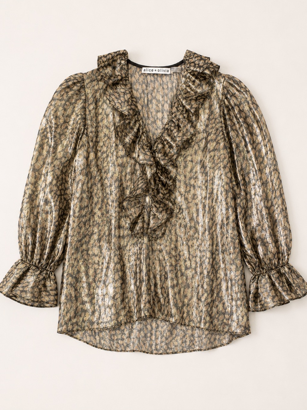 Alice + Olivia Metallic Leopard Print Silk Blend Ruffle Neck Blouse XS